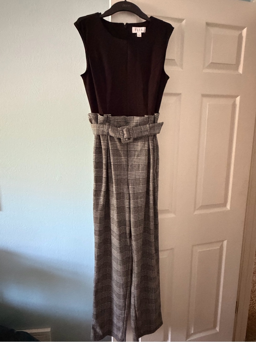 Elle Black Bodice with Gray Plaid Wide-Leg Jumpsuit